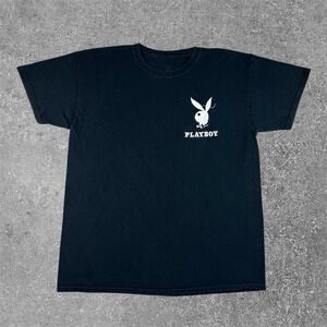 Playboy Embroidered Bunny Logo Graphic T-Shirt Mens Large Black Y2K Hiphop